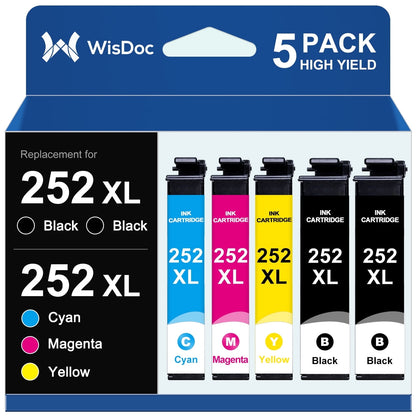 252 252XL Ink Cartridge for Epson Workforce WF-7620 WF-7710 WF-3640 WF-3630 WF-3620 WF-7610 WF-7110 Compatible with Epson Printer (Black Cyan Magenta Yellow,5-Pack)