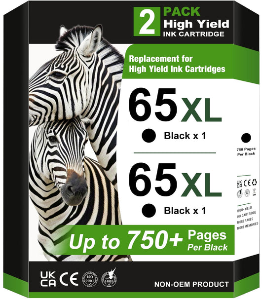 65XL Ink Cartridges Compatible for HP 65 Black Ink Cartridges for HP Ink 65 65XL HP DeskJet 3755 3772 3700 3752 3722 2600 2622 2652 Envy 5055 5000 5070 Printer (2 Black)